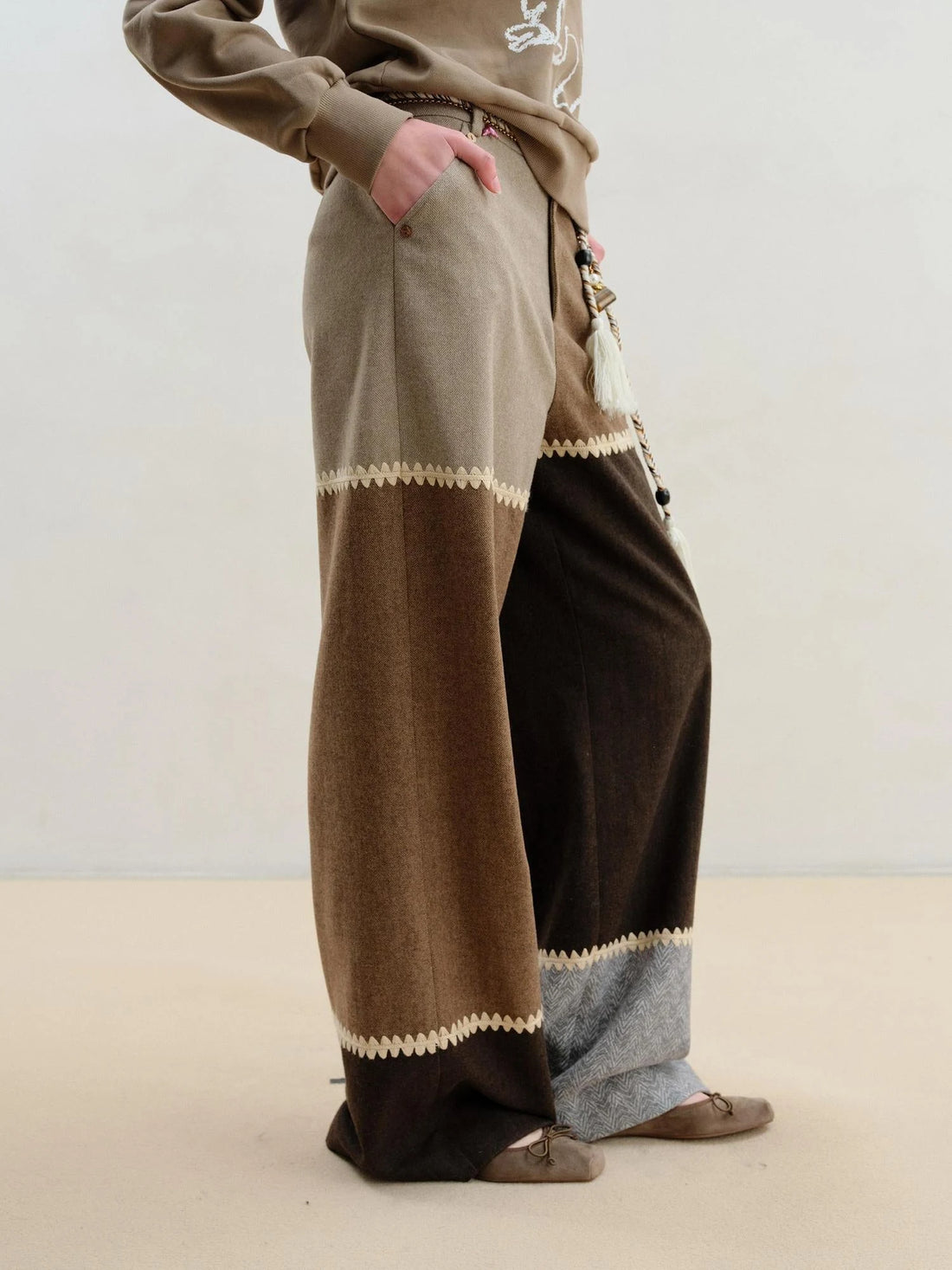Wool Blend Patchwork Trousers With Shell Embroidery