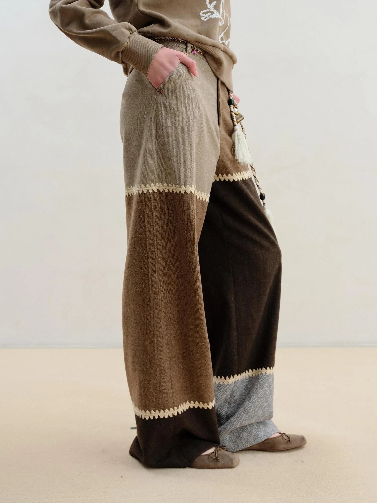 Wool Blend Patchwork Trousers With Shell Embroidery