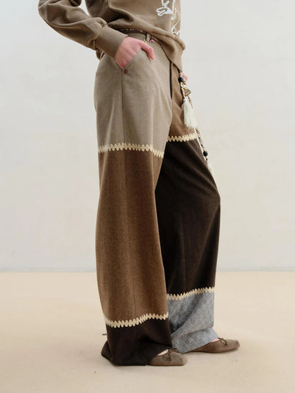 Wool Blend Patchwork Trousers With Shell Embroidery