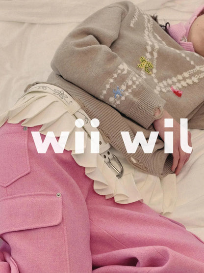 Wool Blend Patchwork Trousers With Shell Embroidery