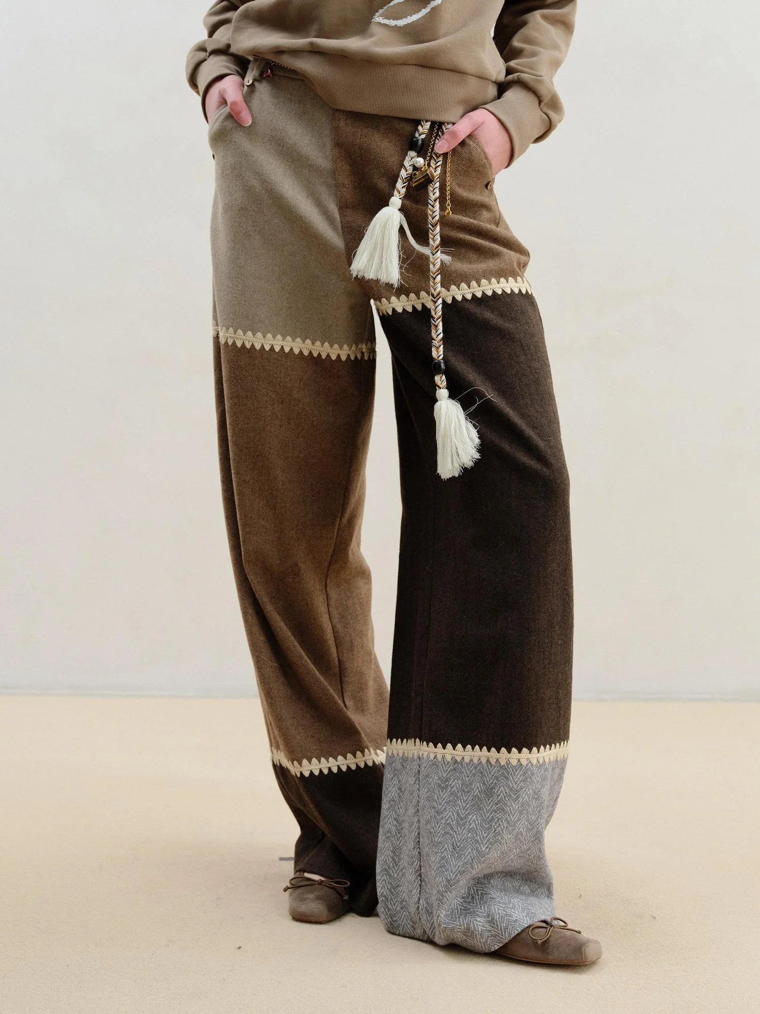 Wool Blend Patchwork Trousers With Shell Embroidery
