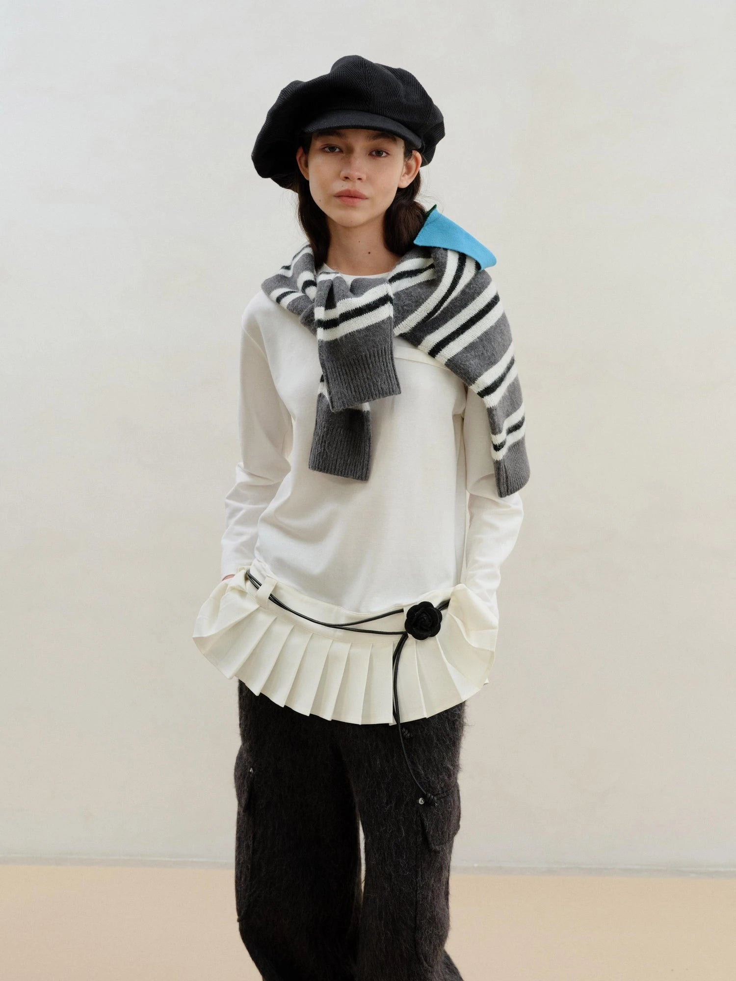 Wool Blend Pleated Hem White Modal Camisole