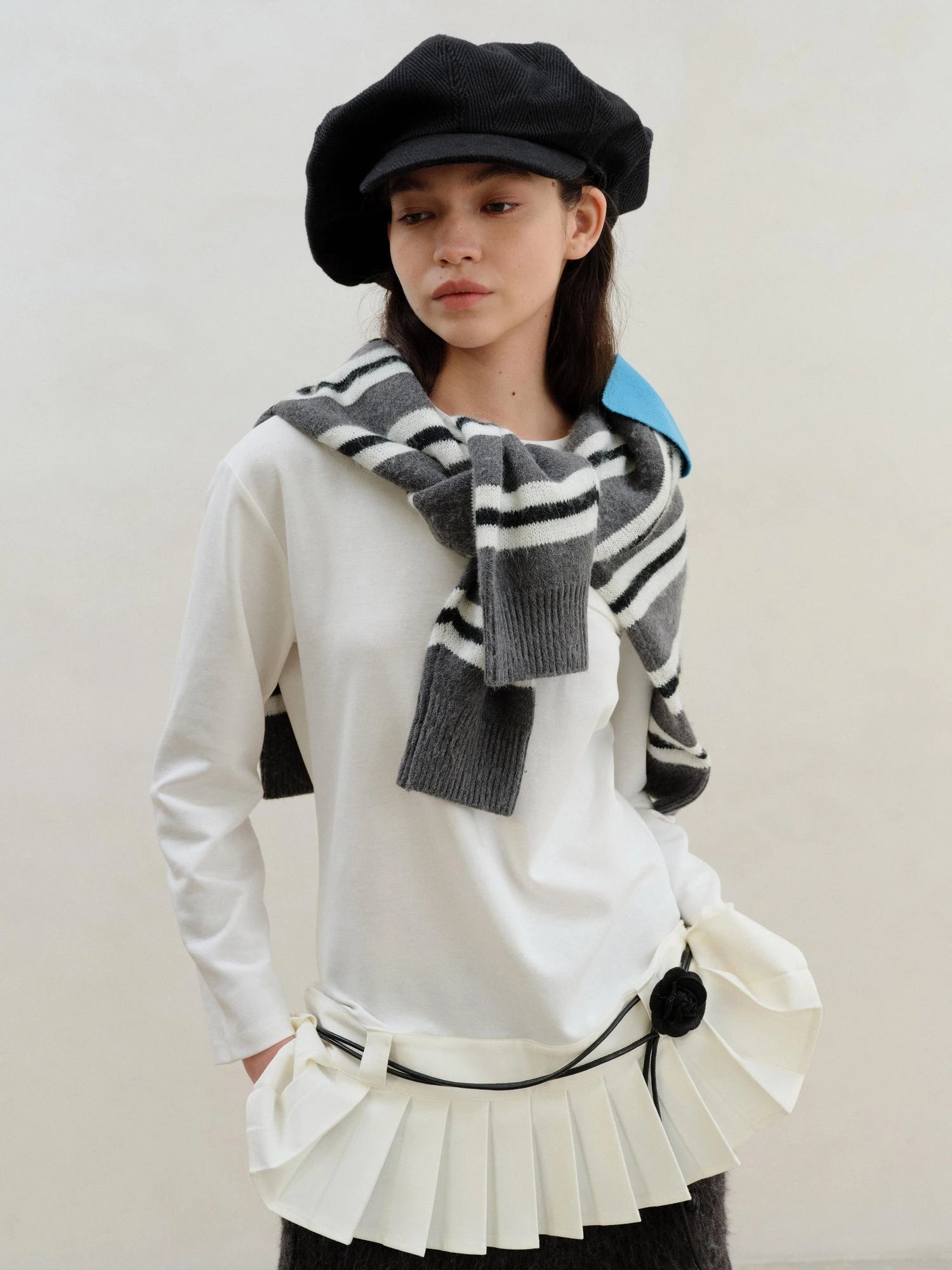 Wool Blend Pleated Hem White Modal Camisole