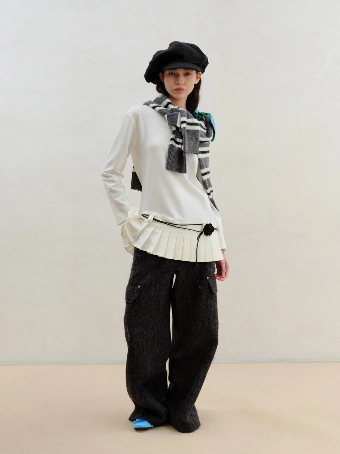 Wool Blend Pleated Hem White Modal Camisole