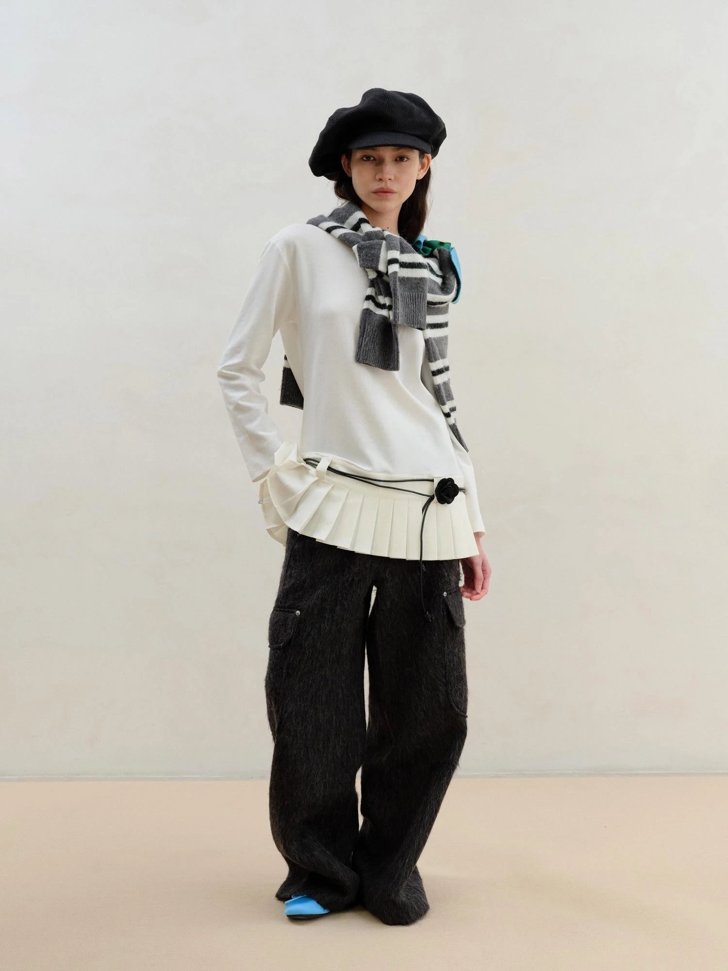 Wool Blend Pleated Hem White Modal Camisole