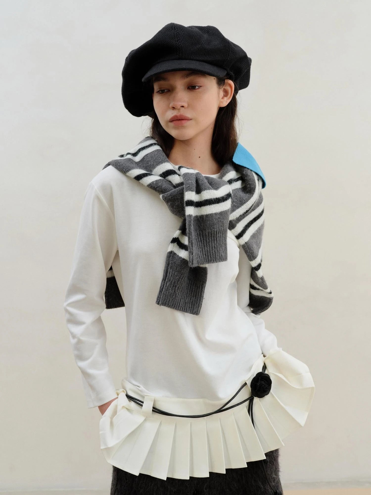 Wool Blend Pleated Hem White Modal Camisole