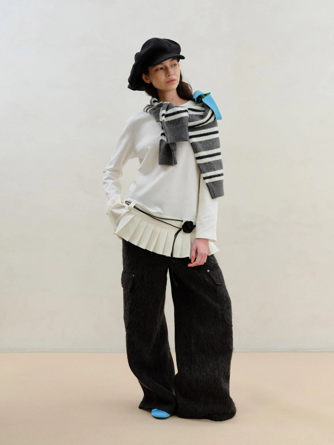 Wool Blend Pleated Hem White Modal Camisole