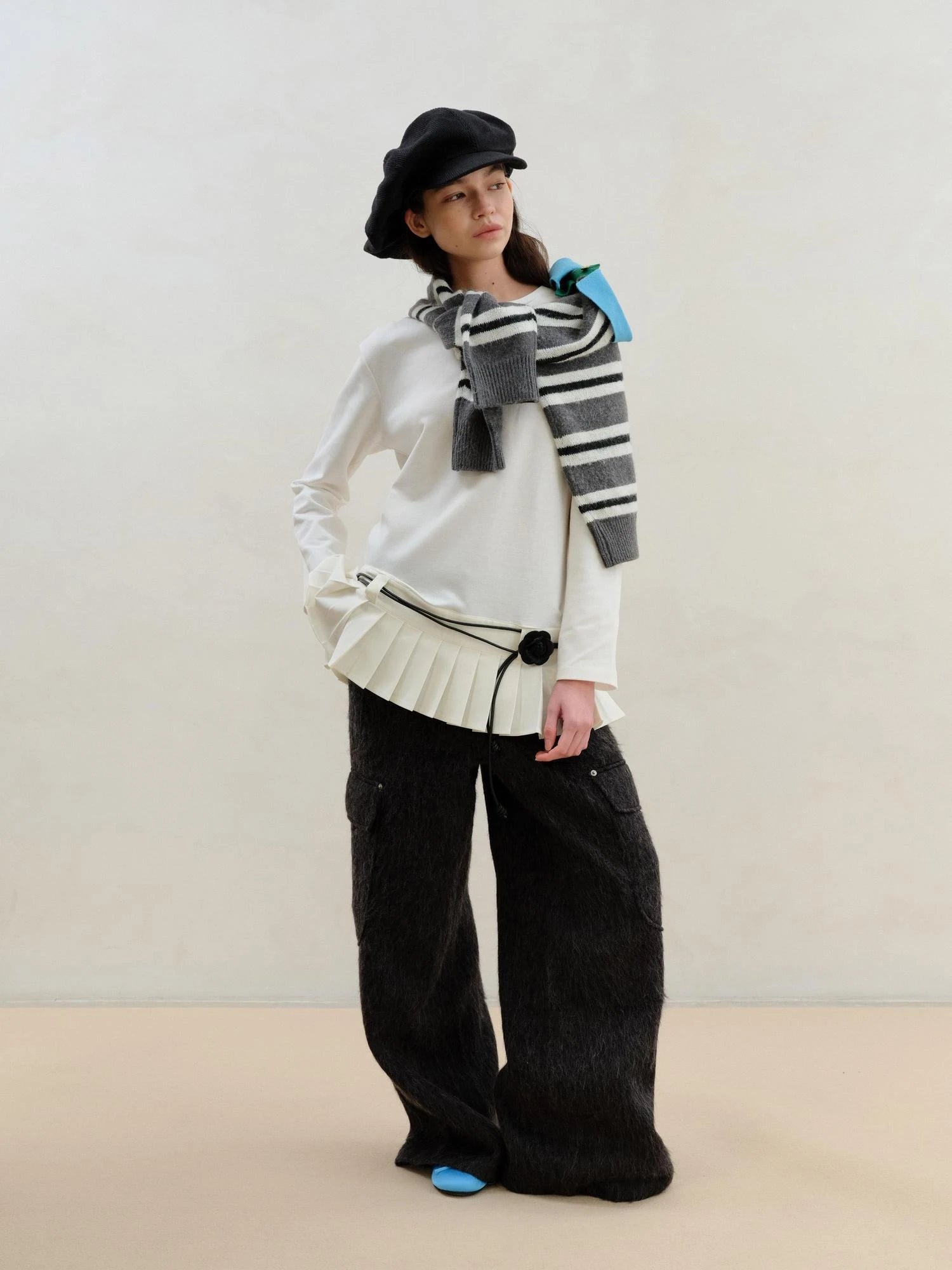 Wool Blend Pleated Hem White Modal Camisole