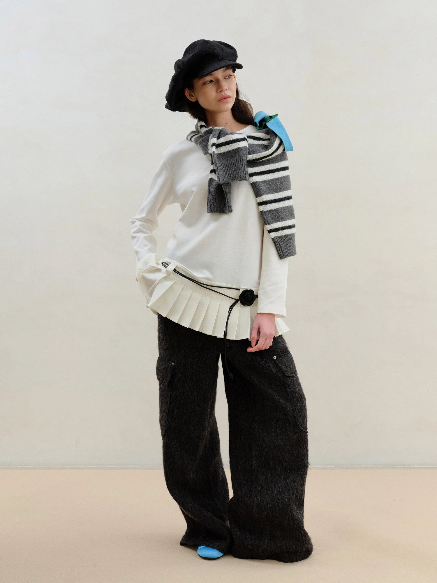 Wool Blend Pleated Hem White Modal Camisole