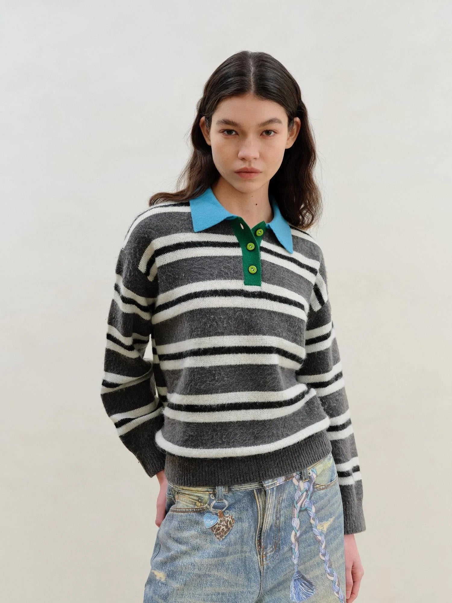 Wool Mohair Polo Collar Stripe Sweater Grey White