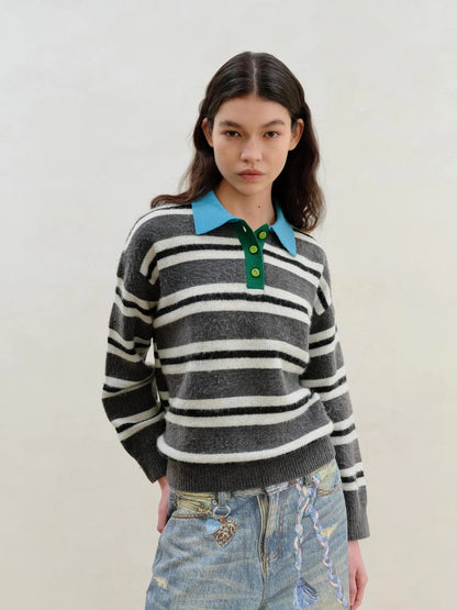 Wool Mohair Polo Collar Stripe Sweater Grey White