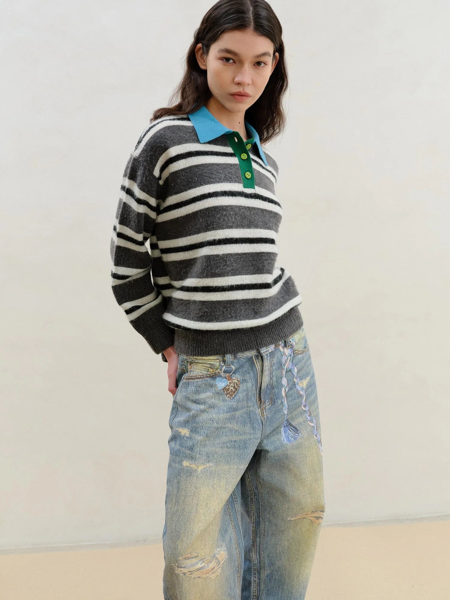 Wool Mohair Polo Collar Stripe Sweater Grey White