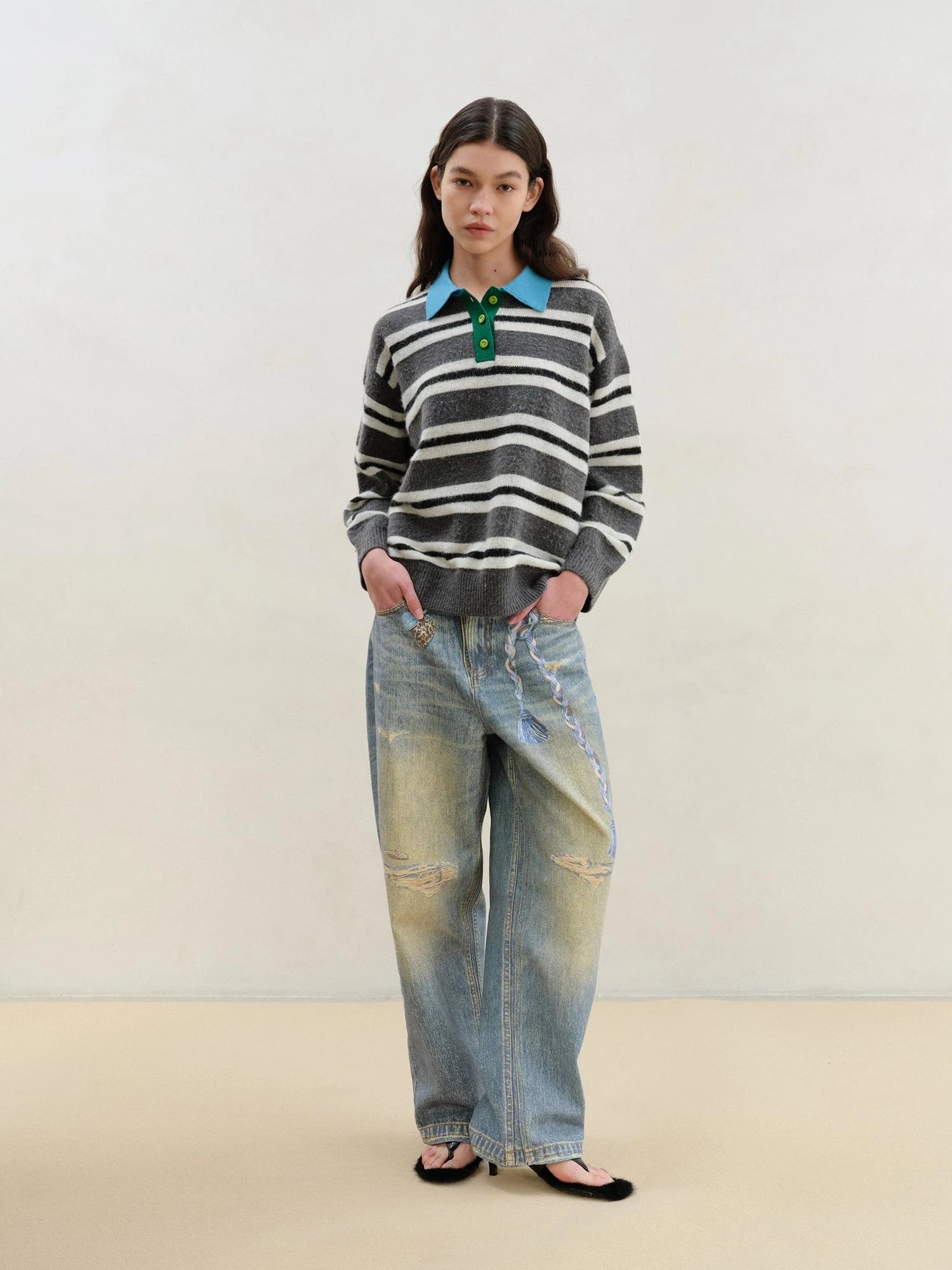 Wool Mohair Polo Collar Stripe Sweater Grey White