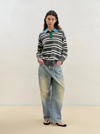 Wool Mohair Polo Collar Stripe Sweater Grey White