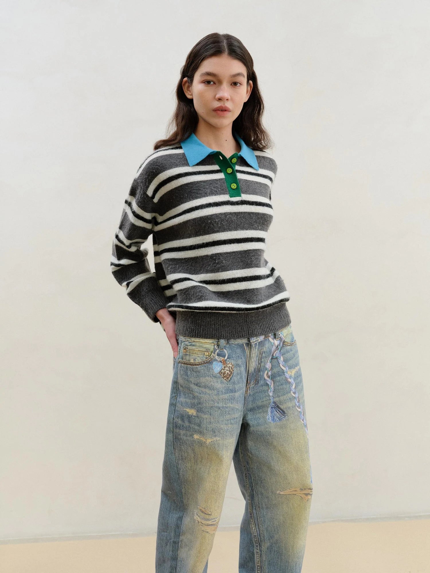 Wool Mohair Polo Collar Stripe Sweater Grey White