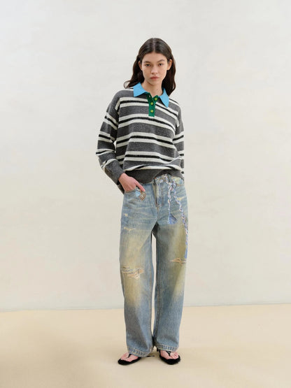 Wool Mohair Polo Collar Stripe Sweater Grey White