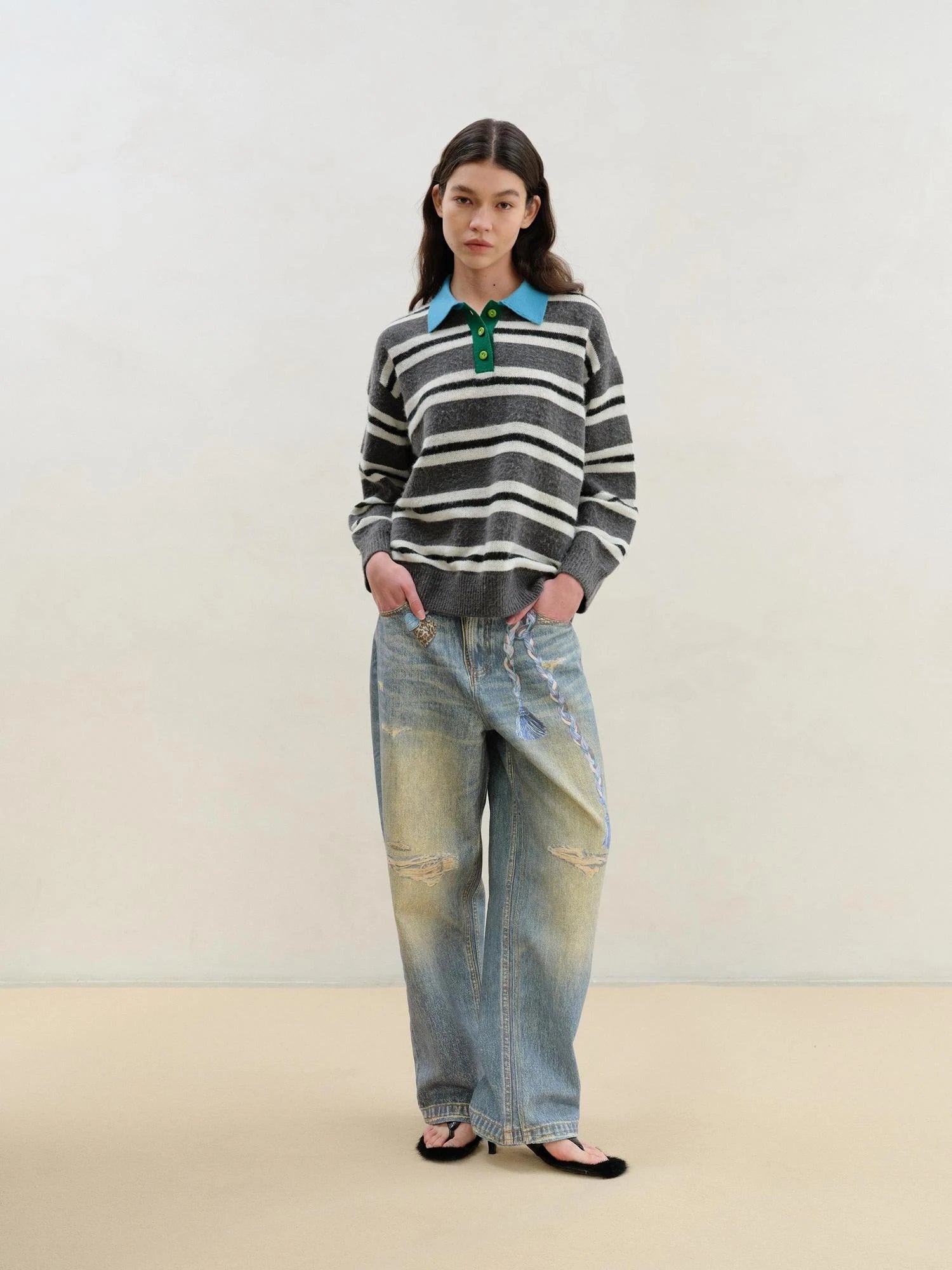 Wool Mohair Polo Collar Stripe Sweater Grey White