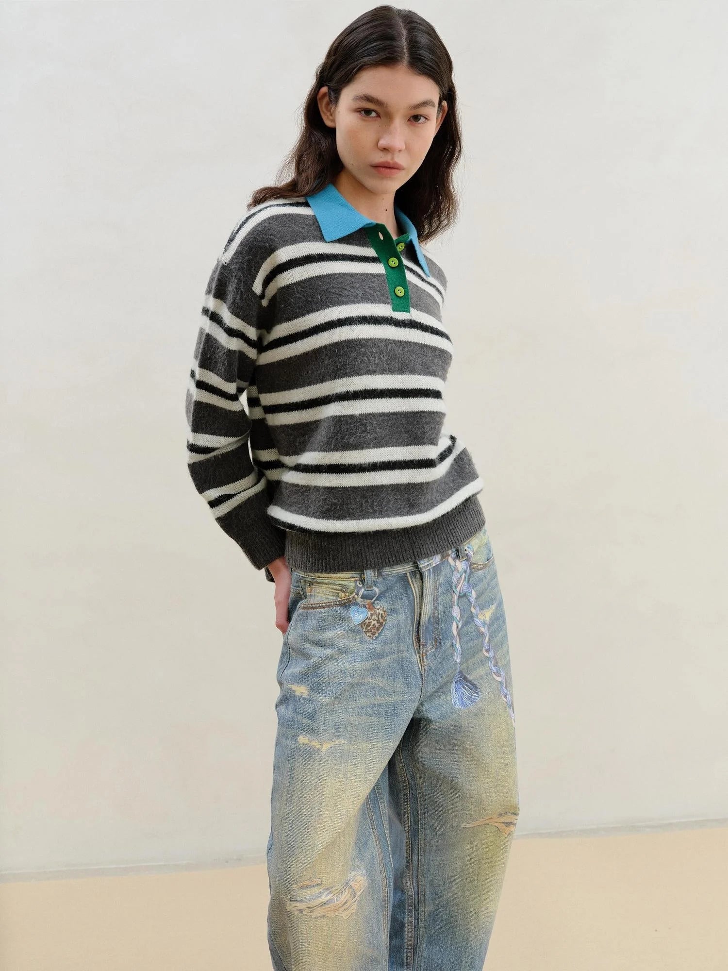 Wool Mohair Polo Collar Stripe Sweater Grey White