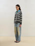 Wool Mohair Polo Collar Stripe Sweater Grey White