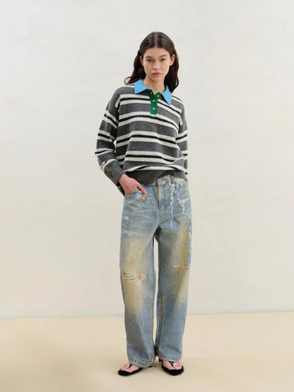 Wool Mohair Polo Collar Stripe Sweater Grey White