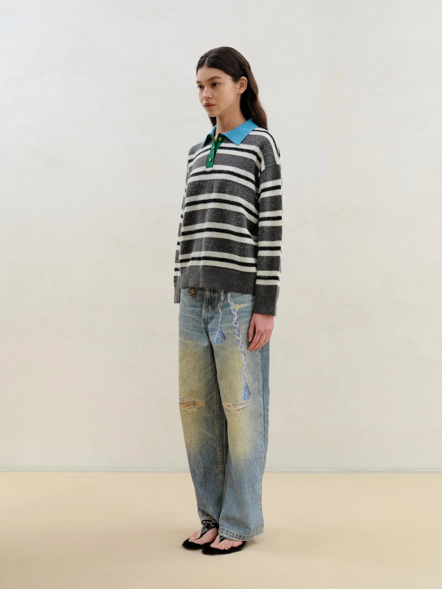 Wool Mohair Polo Collar Stripe Sweater Grey White