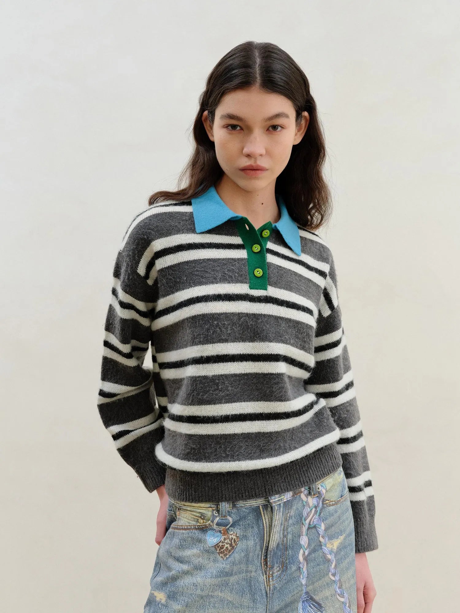 Wool Mohair Polo Collar Stripe Sweater Grey White