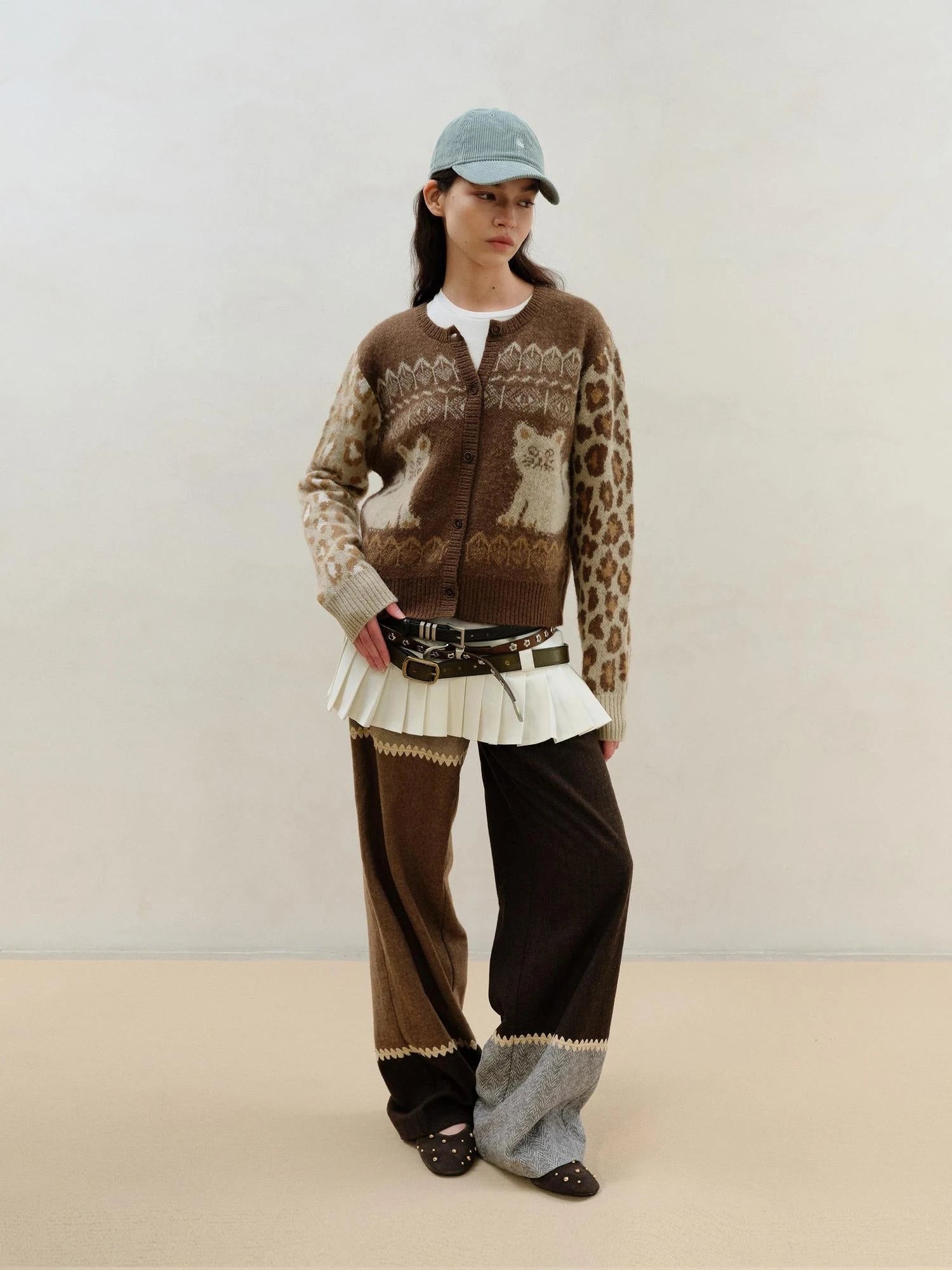 Wool Mohair Symmetrical Cat Fair Isle Leopard Print Cardigan