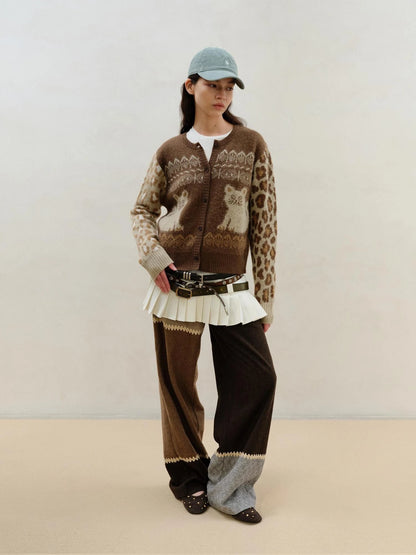 Wool Mohair Symmetrical Cat Fair Isle Leopard Print Cardigan