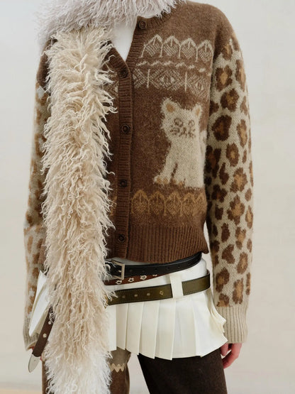 Wool Mohair Symmetrical Cat Fair Isle Leopard Print Cardigan