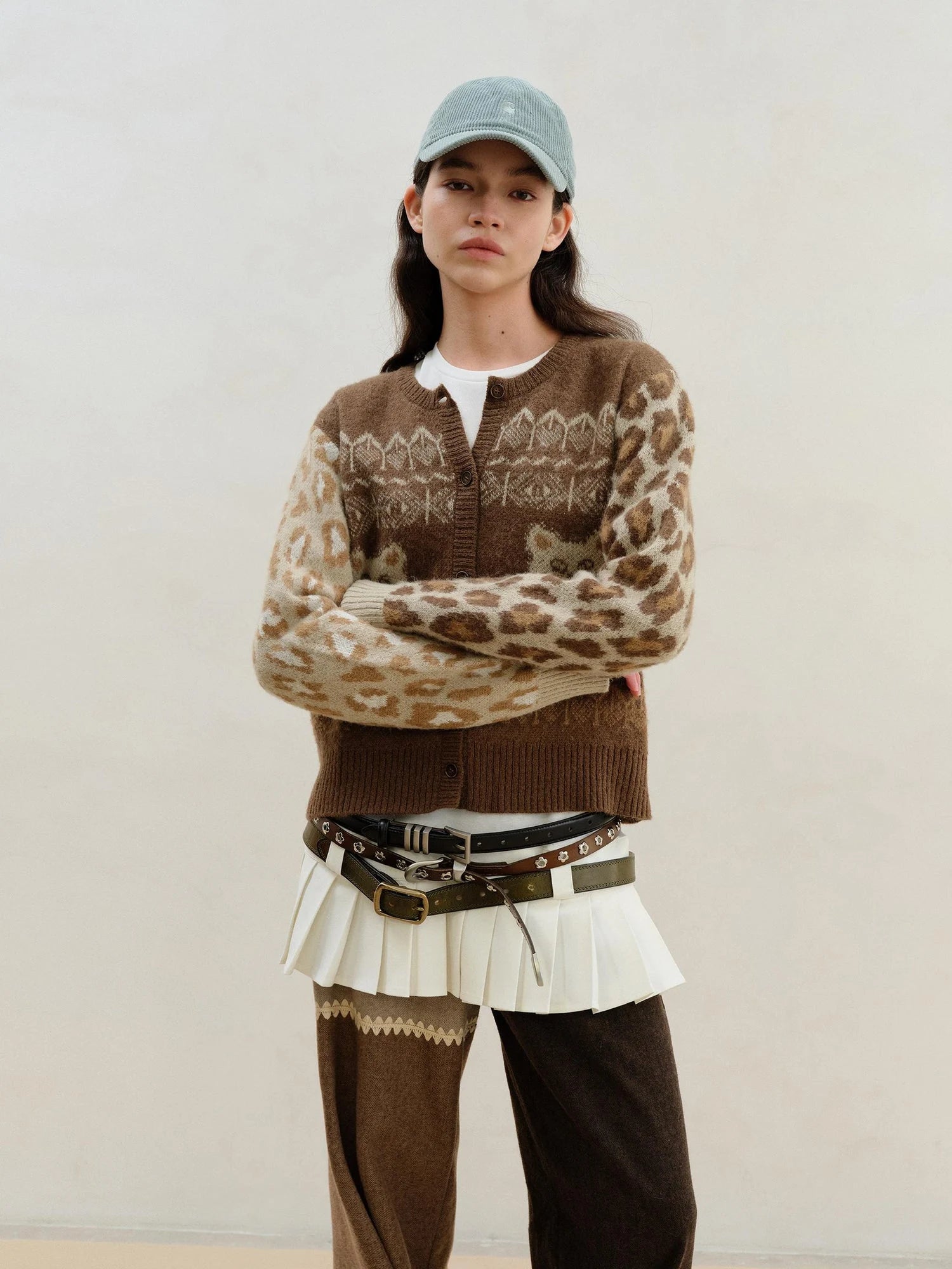 Wool Mohair Symmetrical Cat Fair Isle Leopard Print Cardigan