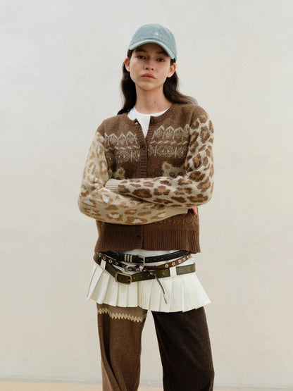 Wool Mohair Symmetrical Cat Fair Isle Leopard Print Cardigan