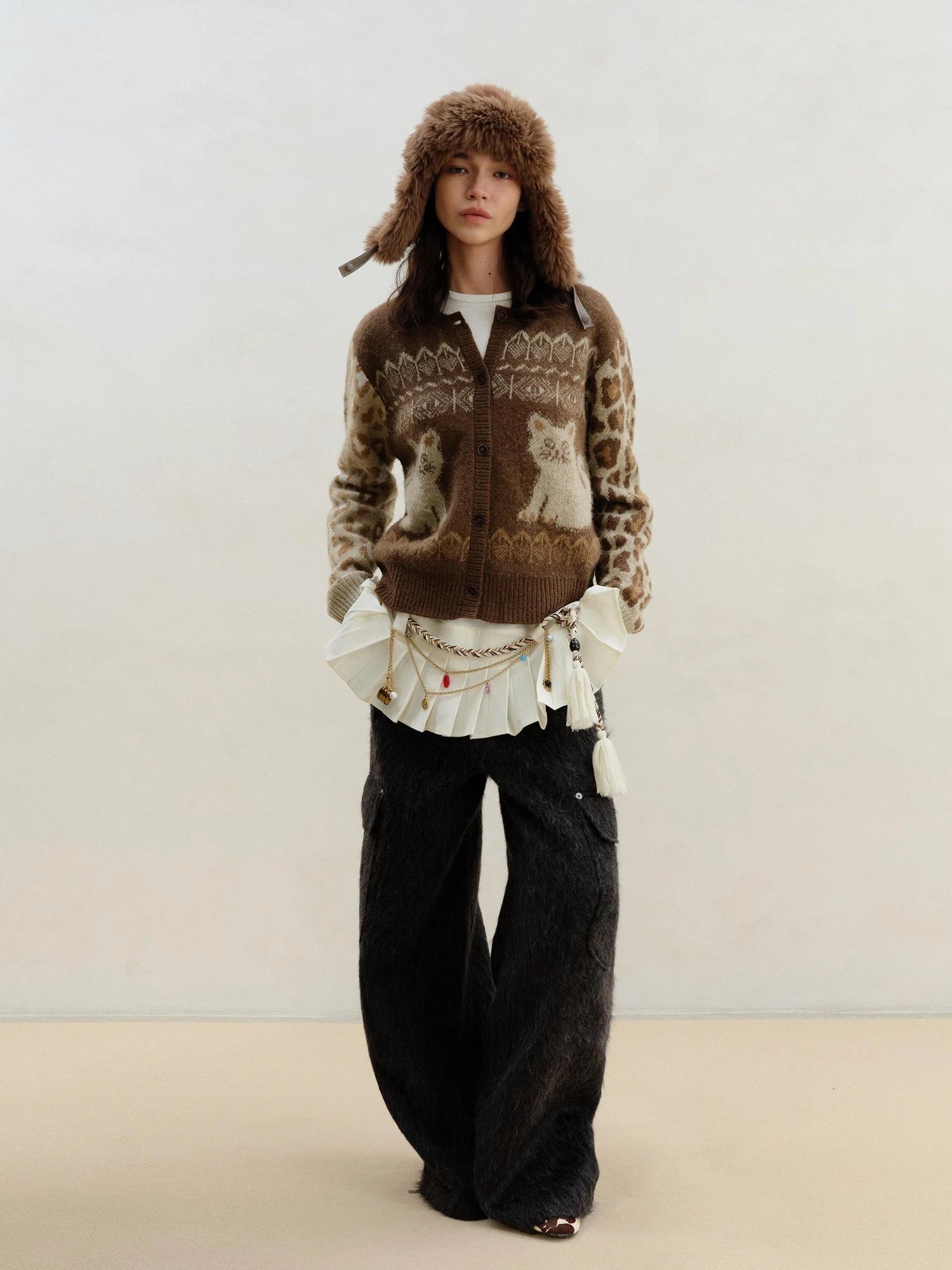 Wool Mohair Symmetrical Cat Fair Isle Leopard Print Cardigan