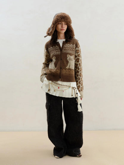 Wool Mohair Symmetrical Cat Fair Isle Leopard Print Cardigan