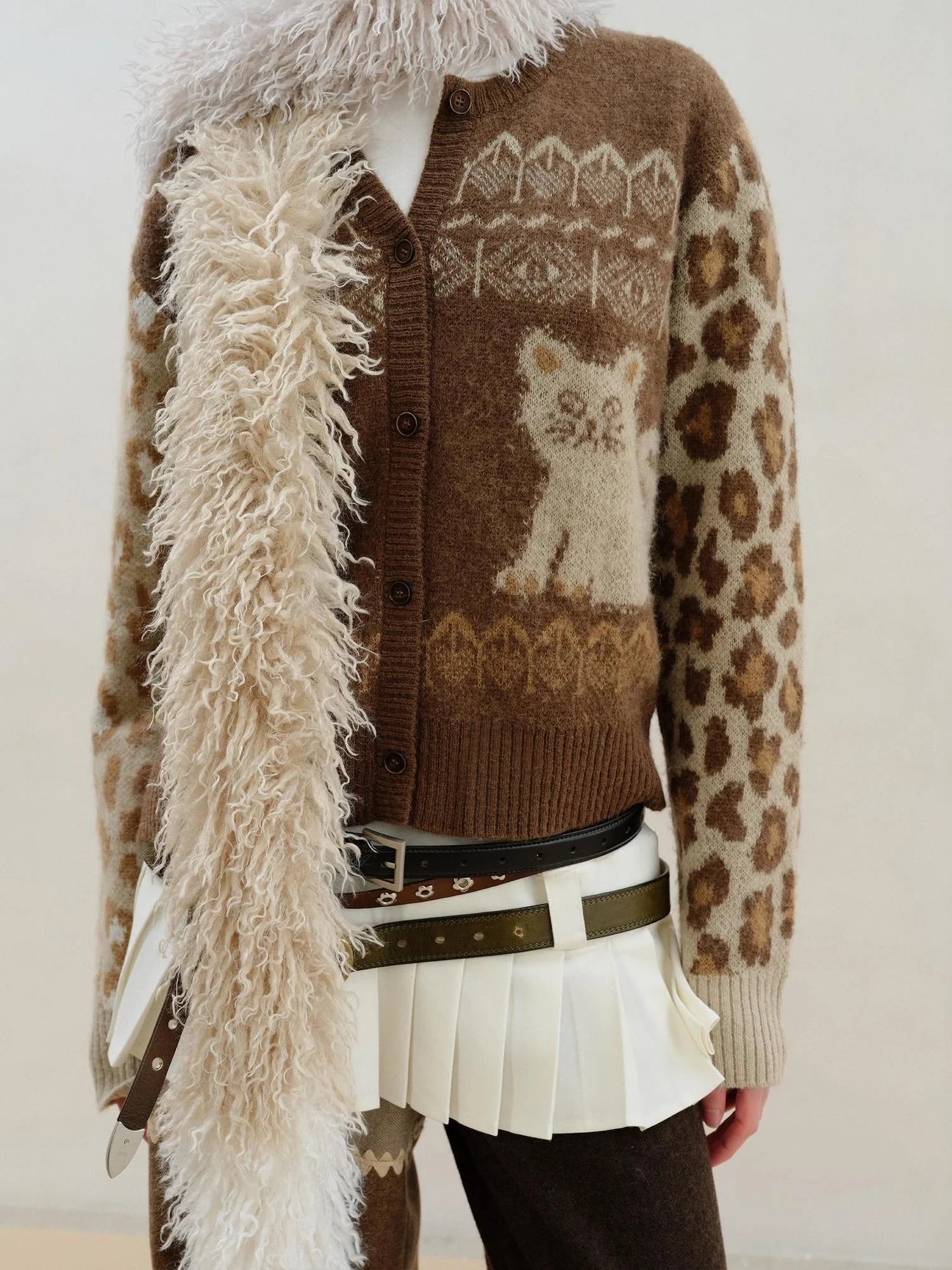 Wool Mohair Symmetrical Cat Fair Isle Leopard Print Cardigan