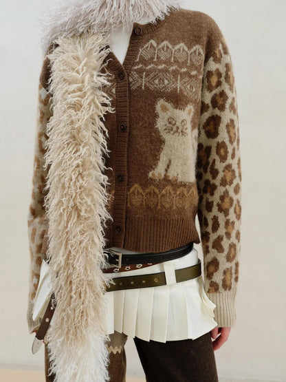 Wool Mohair Symmetrical Cat Fair Isle Leopard Print Cardigan
