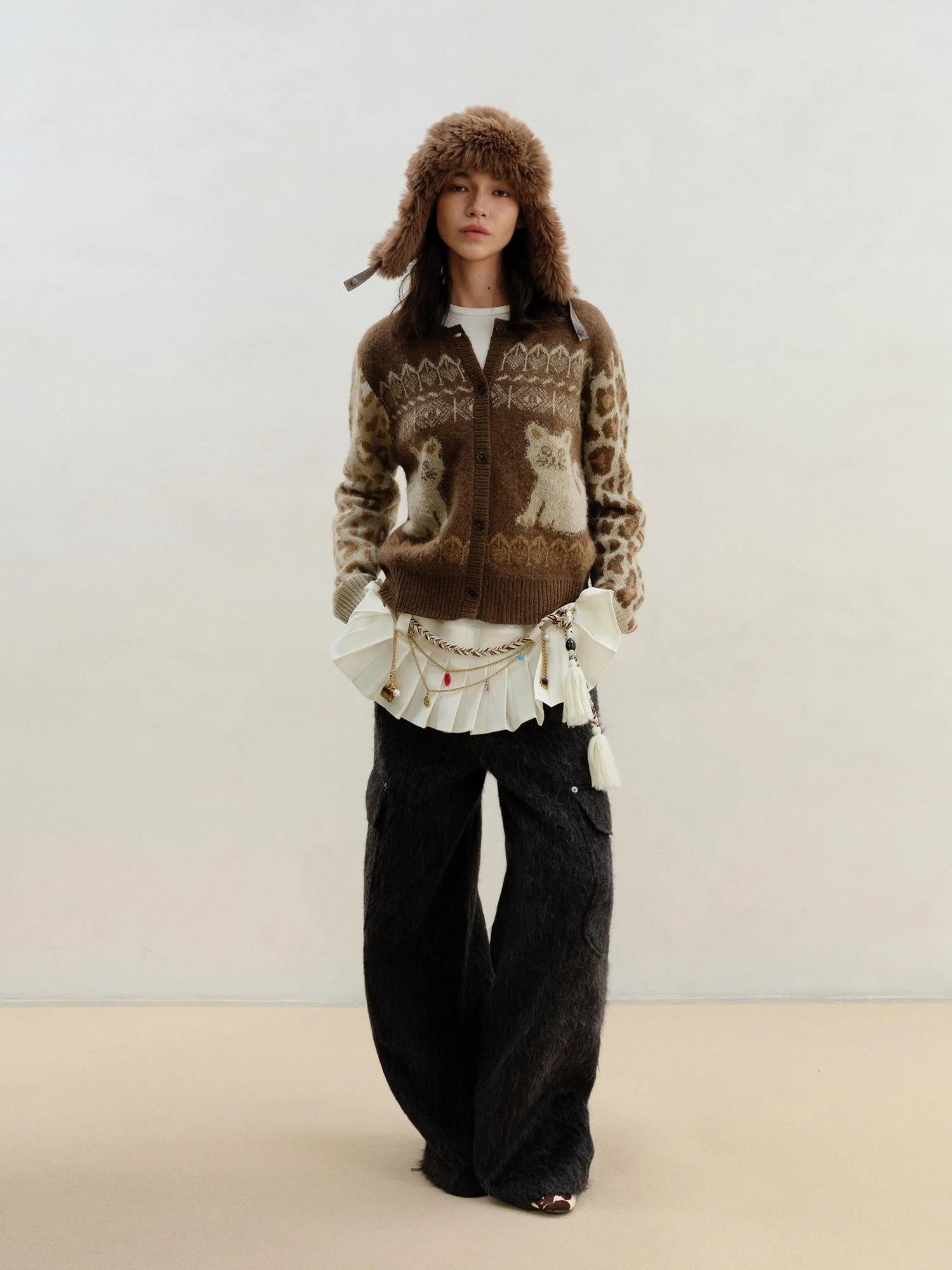 Wool Mohair Symmetrical Cat Fair Isle Leopard Print Cardigan