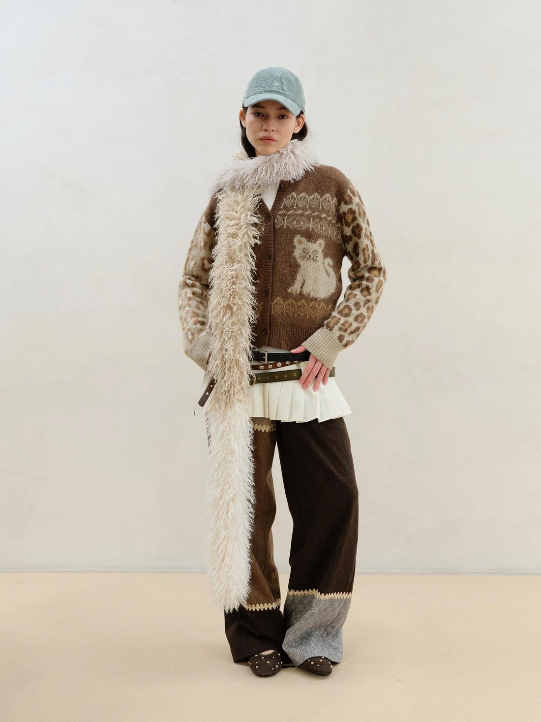 Wool Mohair Symmetrical Cat Fair Isle Leopard Print Cardigan