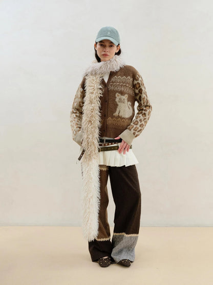 Wool Mohair Symmetrical Cat Fair Isle Leopard Print Cardigan