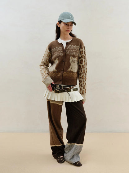 Wool Mohair Symmetrical Cat Fair Isle Leopard Print Cardigan