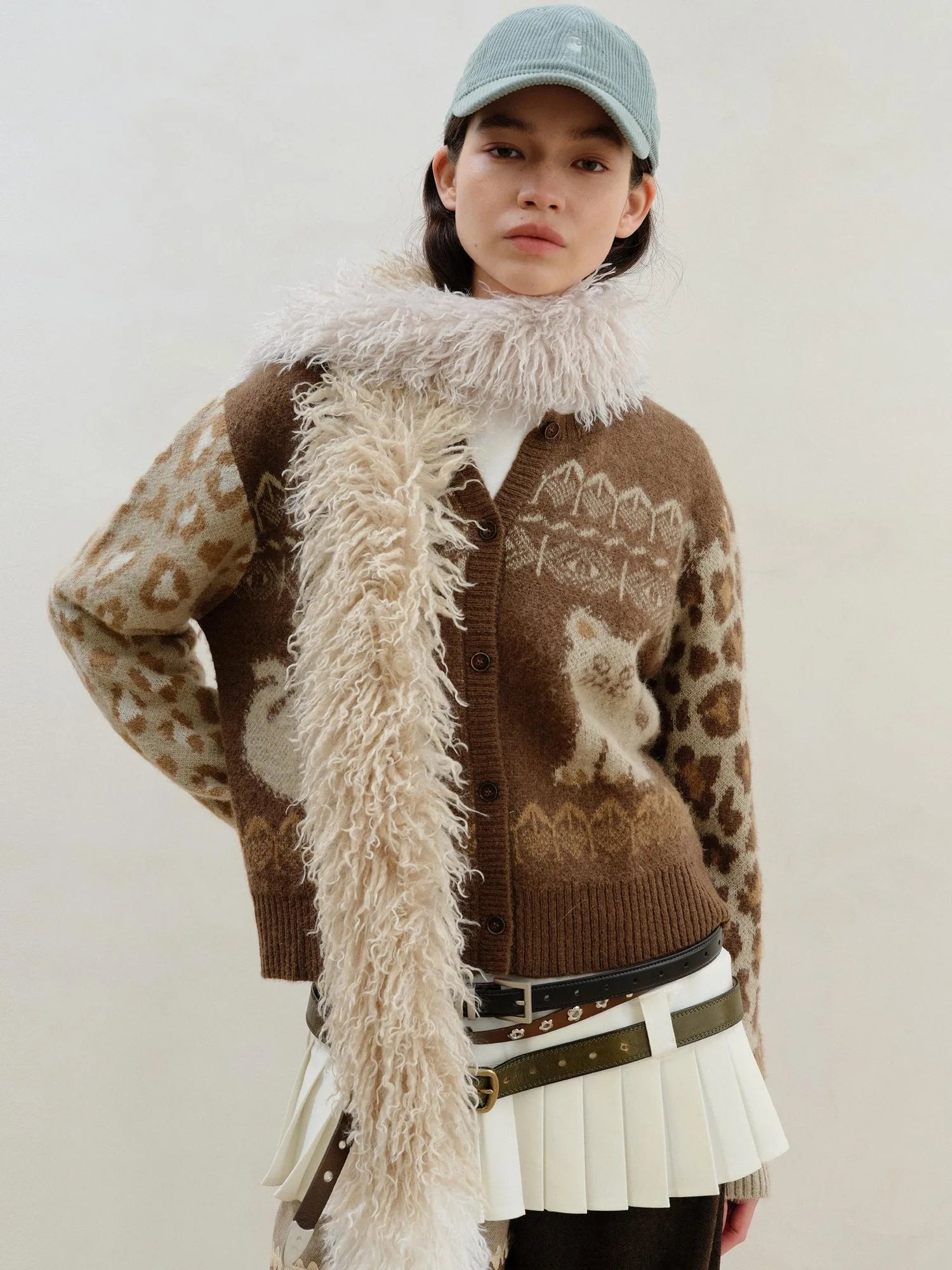 Wool Mohair Symmetrical Cat Fair Isle Leopard Print Cardigan