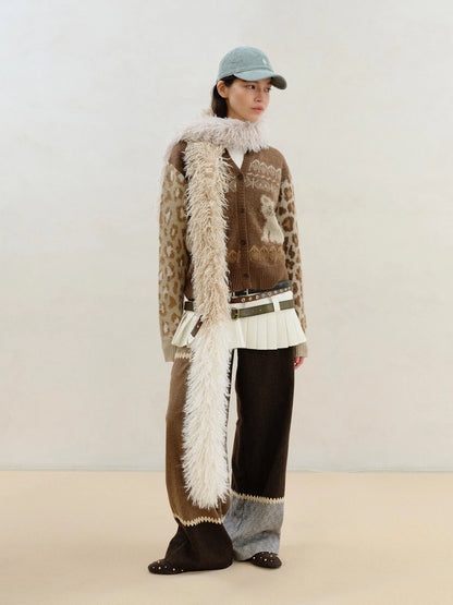 Wool Mohair Symmetrical Cat Fair Isle Leopard Print Cardigan