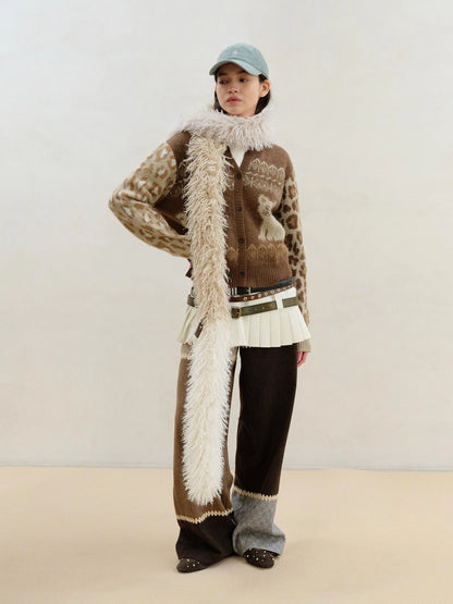 Wool Mohair Symmetrical Cat Fair Isle Leopard Print Cardigan