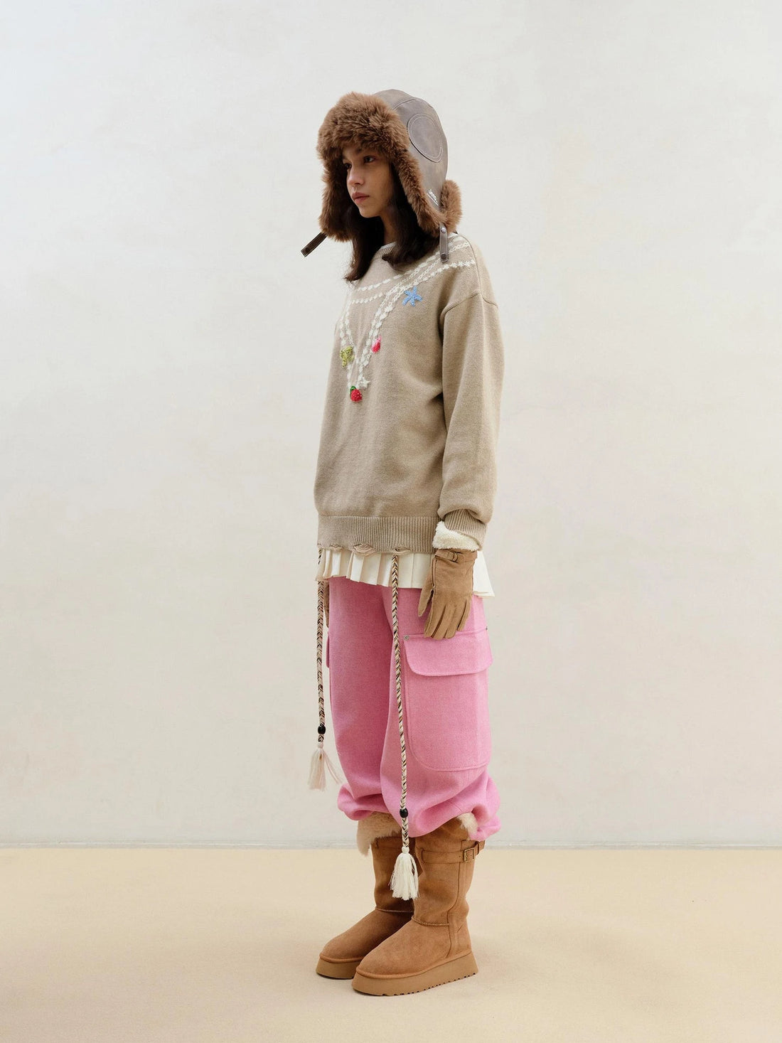 Wool Pearl Neckline Two Way Slip Shoulder Sweater