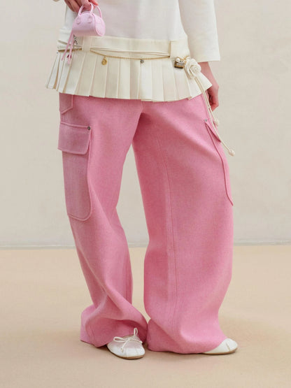 Wool Pink Cargo Pants Multi Pocket Straight Leg Trousers