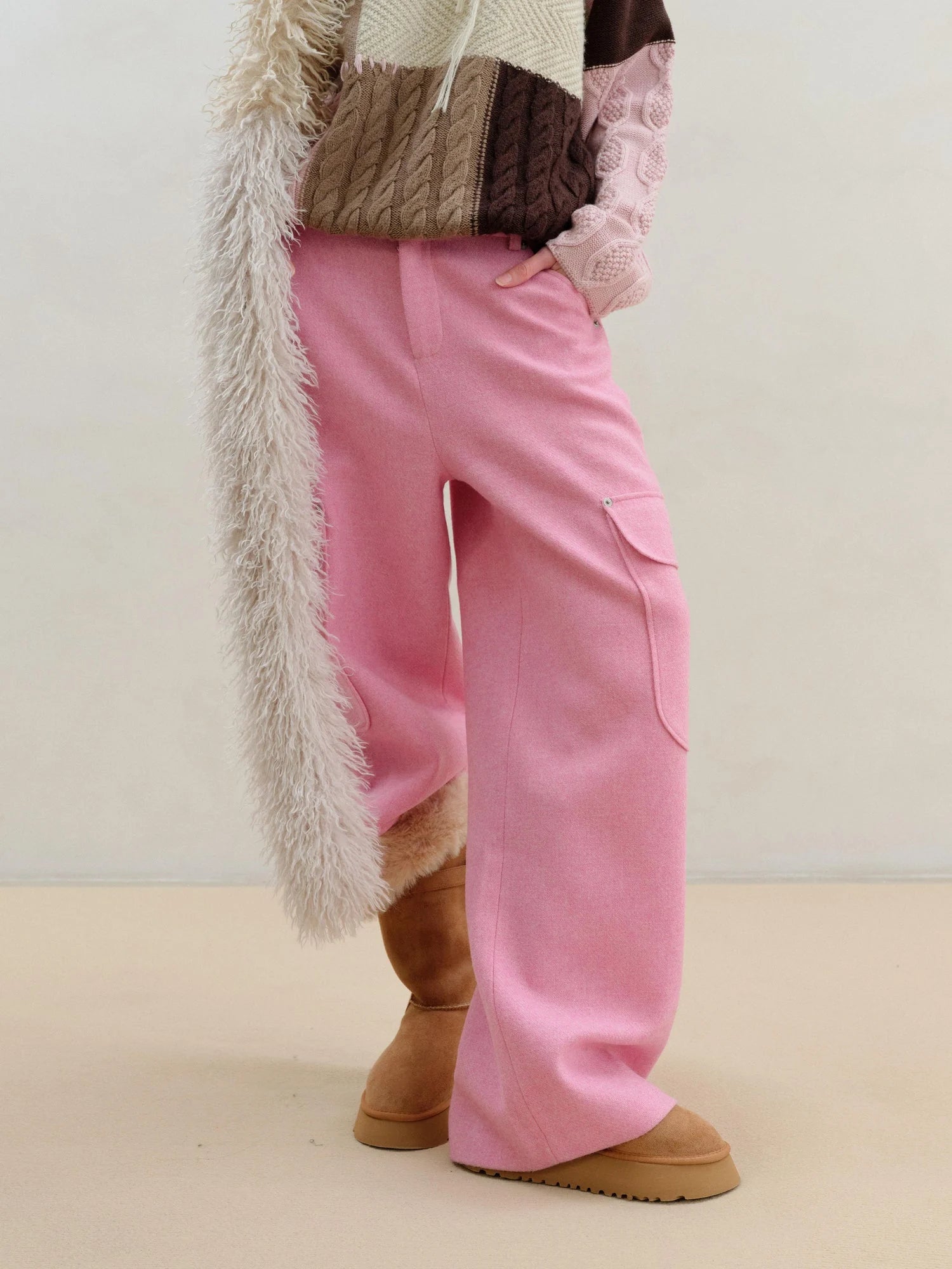 Wool Pink Cargo Pants Multi Pocket Straight Leg Trousers