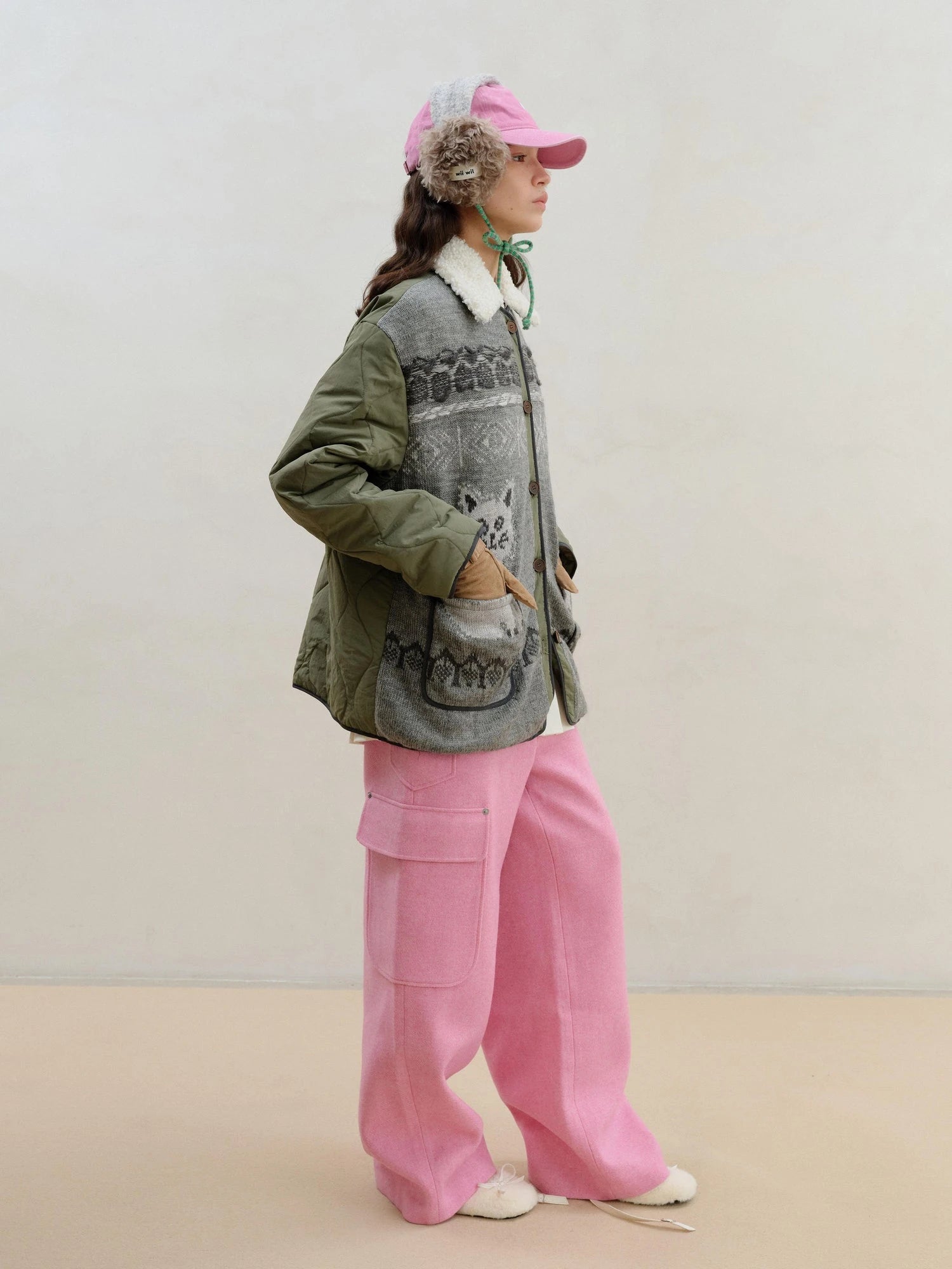 Wool Pink Cargo Pants Multi Pocket Straight Leg Trousers