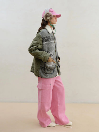 Wool Pink Cargo Pants Multi Pocket Straight Leg Trousers