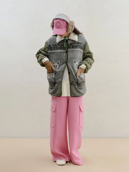 Wool Pink Cargo Pants Multi Pocket Straight Leg Trousers