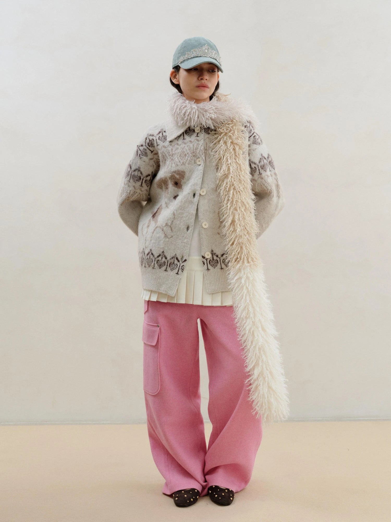 Wool Pink Cargo Pants Multi Pocket Straight Leg Trousers