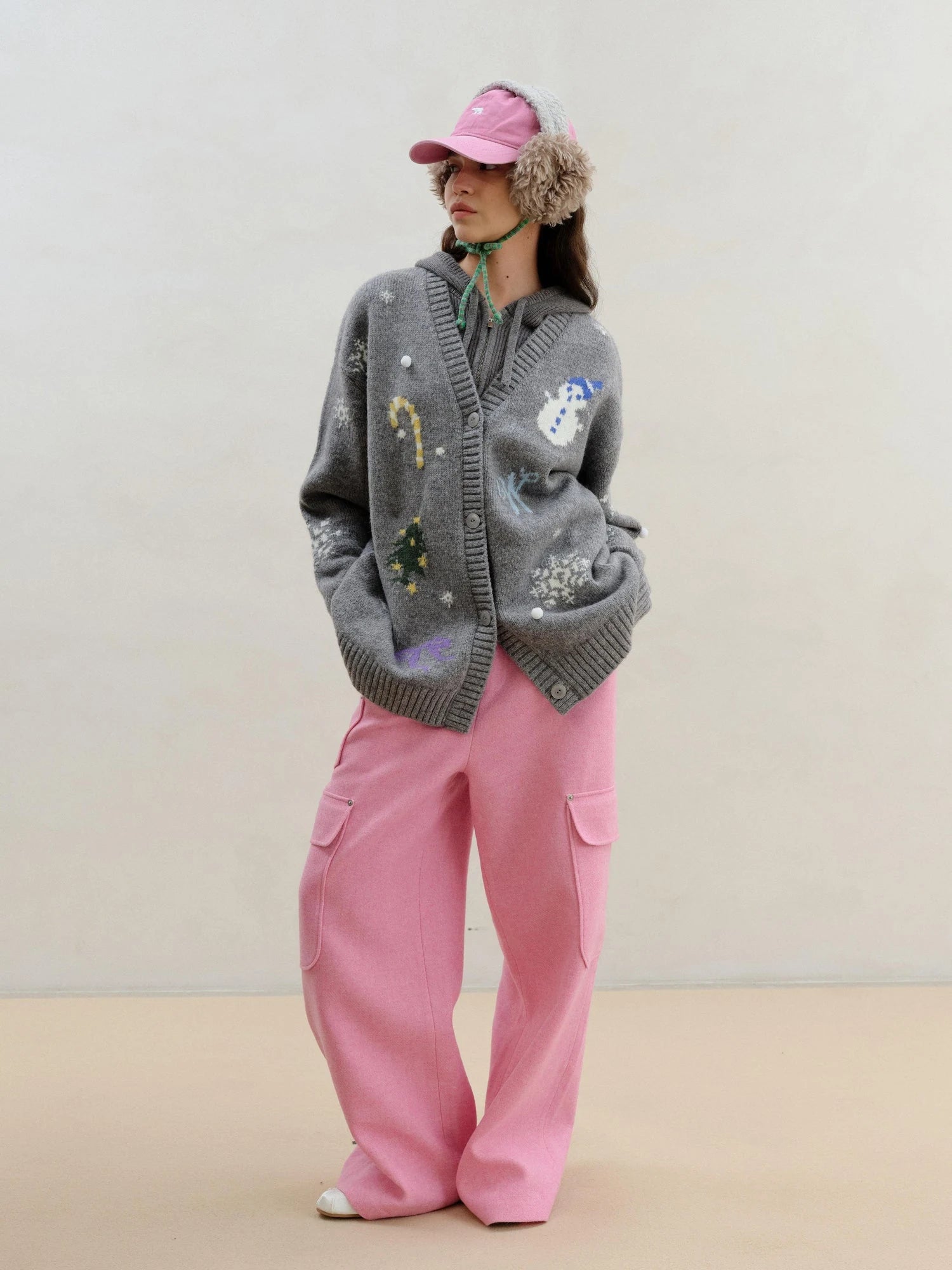 Wool Pink Cargo Pants Multi Pocket Straight Leg Trousers